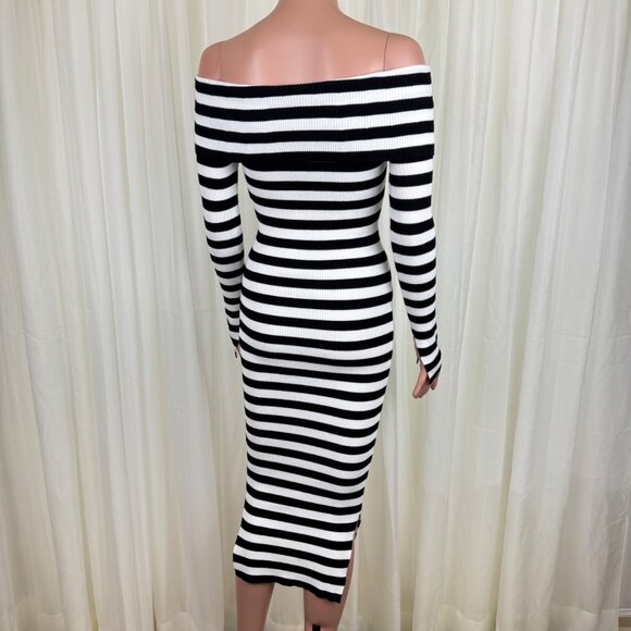 Milly Black & White Stripe Off The Shoulder Bodycon Side Split Midi Dress Size P - Picture 5 of 14